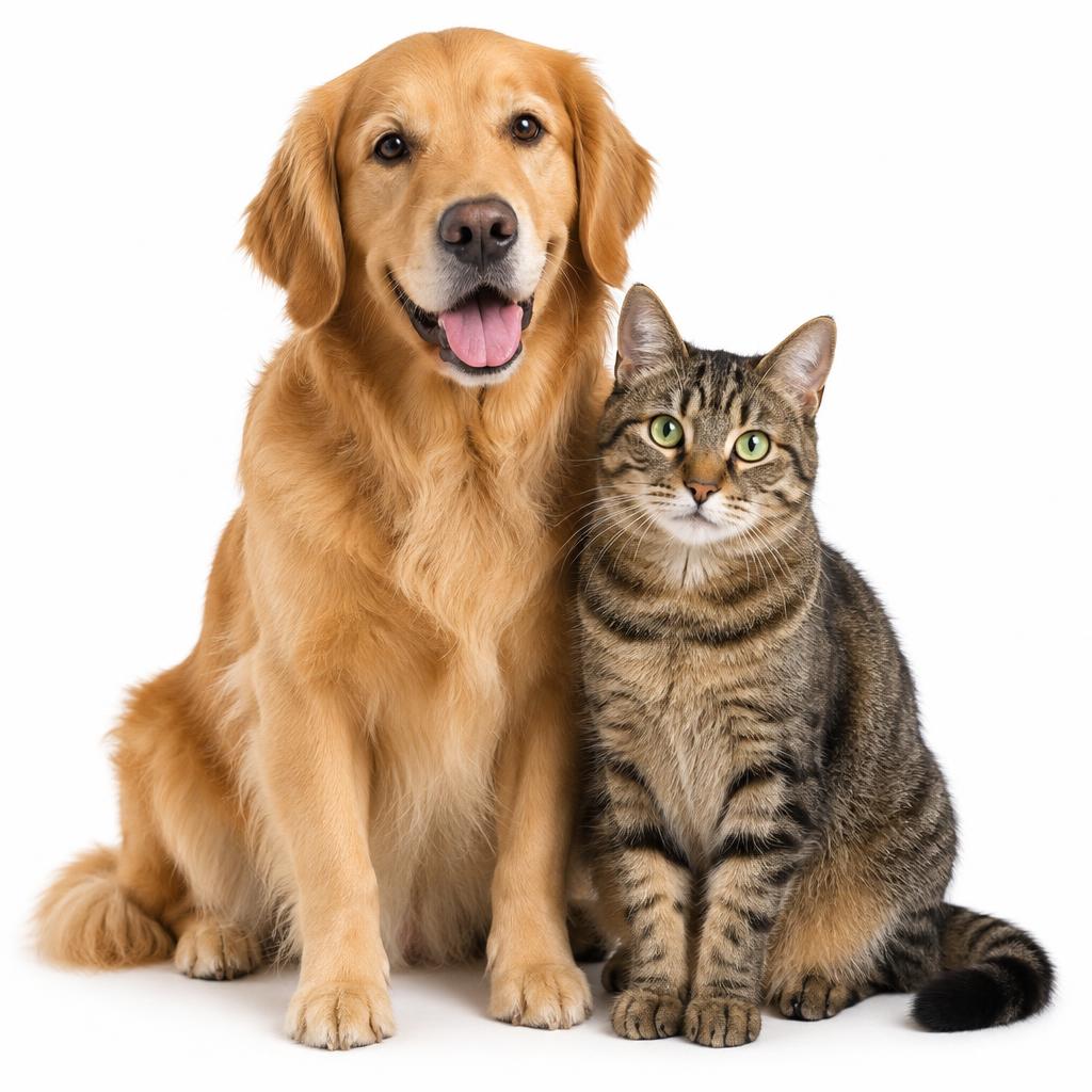 Golden retriever and tabby cat sitting together